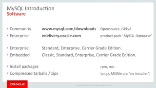 Copyright © 2019 Oracle and/or its affiliates. All rights reserved. |
MySQL Introduction
Software
• Community www.mysql.com/downloads Opensource, GPLv2.
• Enterprise edelivery.oracle.com product pack “MySQL Database”
• Enterprise Standard, Enterprise, Carrier Grade Edition.
• Embedded Classic, Standard, Enterprise, Carrier Grade Edition.
• Install packages rpm, msi.
• Compressed tarballs / zips tar.gz, MSWin zip “no installer”.
 