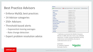 Copyright © 2019 Oracle and/or its affiliates. All rights reserved. |
Best Practice Advisors
35
• Enforce MySQL best practices
• 14 Advisor categories
• 250+ Advisors
• Threshold-based alerts
– Exponential moving averages
– Rate change detection
• Expert problem resolution advice
"I definitely recommend the MySQL Enterprise
Monitor to DBAs who don't have a ton of MySQL
experience. It makes monitoring MySQL security,
performance and availability very easy to
understand and to act on.”
Sandi Barr
Sr. Software Engineer
Schneider Electric
 