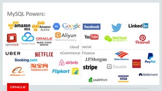 Copyright © 2019 Oracle and/or its affiliates. All rights reserved. |
MySQL Powers:
cloud social
eCommerce Finance
Oracle Confidential – Internal/Restricted/Highly Restricted 5
 