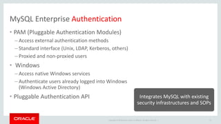 Copyright © 2019 Oracle and/or its affiliates. All rights reserved. |
MySQL Enterprise Authentication
51
• PAM (Pluggable Authentication Modules)
– Access external authentication methods
– Standard interface (Unix, LDAP, Kerberos, others)
– Proxied and non-proxied users
• Windows
– Access native Windows services
– Authenticate users already logged into Windows
(Windows Active Directory)
• Pluggable Authentication API Integrates MySQL with existing
security infrastructures and SOPs
 