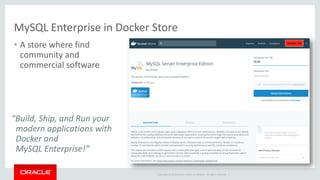Copyright © 2019 Oracle and/or its affiliates. All rights reserved. |
MySQL Enterprise in Docker Store
• A store where find
community and
commercial software
“Build, Ship, and Run your
modern applications with
Docker and
MySQL Enterprise!”
 