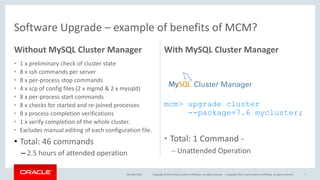 Copyright © 2019, Oracle and/or its affiliates. All rights reserved. | Copyright 2019, oracle and/or its affiliates. All rights reserved
Without MySQL Cluster Manager
• 1 x preliminary check of cluster state
• 8 x ssh commands per server
• 8 x per-process stop commands
• 4 x scp of config files (2 x mgmd & 2 x mysqld)
• 8 x per-process start commands
• 8 x checks for started and re-joined processes
• 8 x process completion verifications
• 1 x verify completion of the whole cluster.
• Excludes manual editing of each configuration file.
• Total: 46 commands
– 2.5 hours of attended operation
With MySQL Cluster Manager
mcm> upgrade cluster
--package=7.6 mycluster;
• Total: 1 Command -
– Unattended Operation
Software Upgrade – example of benefits of MCM?
9th April 2019 74
 