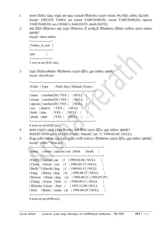 wreK fyar;a w'fmd'i' Wiia fm< f;dr;=re yd ikaksfõok ;dlaIKh - My SQL 14 | P a g e
1' by; úia;r j,g wkqj pet f,i j.=jla ks¾udKh i`oyd wjYH My SQL fla;h ,shkak'
mysql> CREATE TABLE pet (name VARCHAR(20), owner VARCHAR(20), species
VARCHAR(20), sex CHAR(1), birth DATE, death DATE);
2. Tn úiska ks¾udKh l< j.=j ks¾udKh ù we;a±hs ksÍlaIKh lsÍug Ndú;d lrk fla;h
l=ulao@
mysql> show tables;
+------------------+
| Tables_in_test |
+------------------+
| pet |
+------------------+
1 row in set (0.01 sec)
3. j.=j úia;rd;aulj ksÍlaIKh i`oyd ,súh hq;= fla;h l=ulao@
mysql> describe pet;
+---------+-------------+------+-----+---------+-------+
| Field | Type | Null | Key | Default | Extra |
+---------+-------------+------+-----+---------+-------+
| name | varchar(20) | YES | | NULL | |
| owner | varchar(20) | YES | | NULL | |
| species | varchar(20) | YES | | NULL | |
| sex | char(1) | YES | | NULL | |
| birth | date | YES | | NULL | |
| death | date | YES | | NULL | |
+---------+-------------+------+-----+---------+-------+
6 rows in set (0.02 sec)
4. by; j.=jg m<uq Wm,elshdkh tla lsÍu i`oyd ,súh hq;= fla;h l=ulao@
INSERT INTO pet VALUES ('Fluffy', 'Harold', 'cat', 'f', '1999-02-04', NULL);
5. ish¨ o;a; tlal, miq j.=j ±lsh yels wdldrh ksÍlaIKh i`oyd ,súh hq;= fla;h l=ulao@
mysql> select * from pet;
+----------+--------+---------+------+------------+------------+
| name | owner | species | sex | birth | death |
+----------+--------+---------+------+------------+------------+
| Fluffy | Harold | cat | f | 1999-02-04 | NULL |
| Claws | Gwen | cat | f | 1994-03-17 | NULL |
| Buffy | Harold | dog | f | 1989-05-13 | NULL |
| Fang | Benny | dog | m | 1999-08-27 | NULL |
| Bowser | Diane | dog | m | 1998-08-31 | 1995-07-29 |
| Chirpy | Gwen | bird | f | 1998-09-11 | NULL |
| Whistler | Gwen | bird | | 1997-12-09 | NULL |
| Slim | Benny | snake | m | 1996-04-29 | NULL |
+----------+--------+---------+------+------------+------------+
8 rows in set (0.00 sec)
 
