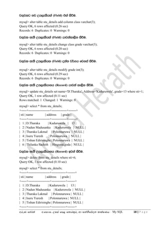 wreK fyar;a w'fmd'i' Wiia fm< f;dr;=re yd ikaksfõok ;dlaIKh - My SQL 18 | P a g e
j.=jlg kj Wm,elshla (Field) tla lsÍu'
mysql> alter table stu_details add column class varchar(3);
Query OK, 6 rows affected (0.26 sec)
Records: 6 Duplicates: 0 Warnings: 0
j.=jl we;s Wm,elshla (Field) hdj;ald,Sk lsÍu'
mysql> alter table stu_details change class grade varchar(3);
Query OK, 6 rows affected (0.20 sec)
Records: 6 Duplicates: 0 Warnings: 0
j.=jl we;s Wm,elshl (Field) o;a; j¾.h fjkia lsÍu'
mysql> alter table stu_details modify grade int(3);
Query OK, 6 rows affected (0.29 sec)
Records: 6 Duplicates: 0 Warnings: 0
j.=jl we;s Wm,elshdkh (Record) hdj;a ld,Sk lsÍu'
mysql> update stu_details set name='D.Tharaka', Address='Kaduruwela', grade=13 where sti=1;
Query OK, 1 row affected (0.11 sec)
Rows matched: 1 Changed: 1 Warnings: 0
mysql> select * from stu_details;
+-----+--------------------+--------------+-------+
| sti | name | address | grade |
+-----+--------------------+--------------+-------+
| 1 | D.Tharaka | Kaduruwela | 13 |
| 2 | Nadun Madusanka | Kaduruwela | NULL |
| 3 | Tharaka Lakmal | Polonnaruwa | NULL |
| 4 | Isuru Yuresh | Polonnaruwa | NULL |
| 5 | Tishan Edirisinghe | Polonnaruwa | NULL |
| 6 | Thilanka Sachith | Hingurakgoda | NULL |
j.=jl we;s Wm,elshdkh (Record) bj;a lsÍu'
mysql> delete from stu_details where sti=6;
Query OK, 1 row affected (0.10 sec)
mysql> select * from stu_details;
+-----+--------------------+-------------+-------+
| sti | name | address | grade |
+-----+--------------------+-------------+-------+
| 1 | D.Tharaka | Kaduruwela | 13 |
| 2 | Nadun Madusanka | Kaduruwela | NULL |
| 3 | Tharaka Lakmal | Polonnaruwa | NULL |
| 4 | Isuru Yuresh | Polonnaruwa | NULL |
| 5 | Tishan Edirisinghe | Polonnaruwa | NULL |
+-----+--------------------+-------------+-------+
 