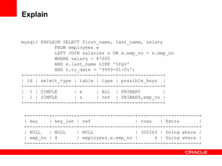 Explain
mysql> EXPLAIN SELECT first_name, last_name, salary
FROM employees e
LEFT JOIN salaries s ON e.emp_no = s.emp_no
WHERE salary > 67000
AND e.last_name LIKE '%fg%'
AND s.to_date = '9999-01-01';
+----+-------------+-------+------+----------------+
| id | select_type | table | type | possible_keys |
+----+-------------+-------+------+----------------+
| 1 | SIMPLE | e | ALL | PRIMARY |
| 1 | SIMPLE | s | ref | PRIMARY,emp_no |
+----+-------------+-------+------+----------------+
+--------+---------+--------------------+--------+-------------+
| key | key_len | ref | rows | Extra |
+--------+---------+--------------------+--------+-------------+
| NULL | NULL | NULL | 300363 | Using where |
| emp_no | 4 | employees.e.emp_no | 4 | Using where |
+--------+---------+--------------------+--------+-------------+
 