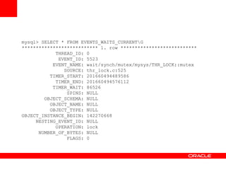 mysql> SELECT * FROM EVENTS_WAITS_CURRENTG
*************************** 1. row ***************************
THREAD_ID: 0
EVENT_ID: 5523
EVENT_NAME: wait/synch/mutex/mysys/THR_LOCK::mutex
SOURCE: thr_lock.c:525
TIMER_START: 201660494489586
TIMER_END: 201660494576112
TIMER_WAIT: 86526
SPINS: NULL
OBJECT_SCHEMA: NULL
OBJECT_NAME: NULL
OBJECT_TYPE: NULL
OBJECT_INSTANCE_BEGIN: 142270668
NESTING_EVENT_ID: NULL
OPERATION: lock
NUMBER_OF_BYTES: NULL
FLAGS: 0
 