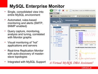 • Single, consolidated view into
entire MySQL environment
• Automated, rules-based
monitoring and alerts (SMTP,
SNMP enabled)
• Query capture, monitoring,
analysis and tuning, correlated
with Monitor graphs
• Visual monitoring of “hot”
applications and servers
• Real-time Replication Monitor
with auto-discovery of master-
slave topologies
• Integrated with MySQL Support A Virtual MySQL DBA Assistant!
MySQL Enterprise Monitor
 