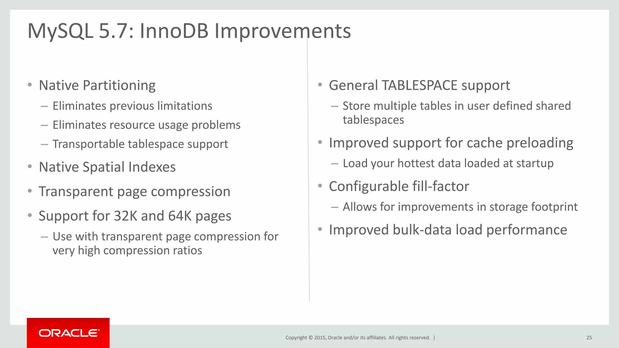 Copyright © 2015, Oracle and/or its affiliates. All rights reserved. |
• Native Partitioning
– Eliminates previous limitations
– Eliminates resource usage problems
– Transportable tablespace support
• Native Spatial Indexes
• Transparent page compression
• Support for 32K and 64K pages
– Use with transparent page compression for
very high compression ratios
• General TABLESPACE support
– Store multiple tables in user defined shared
tablespaces
• Improved support for cache preloading
– Load your hottest data loaded at startup
• Configurable fill-factor
– Allows for improvements in storage footprint
• Improved bulk-data load performance
MySQL 5.7: InnoDB Improvements
25
 