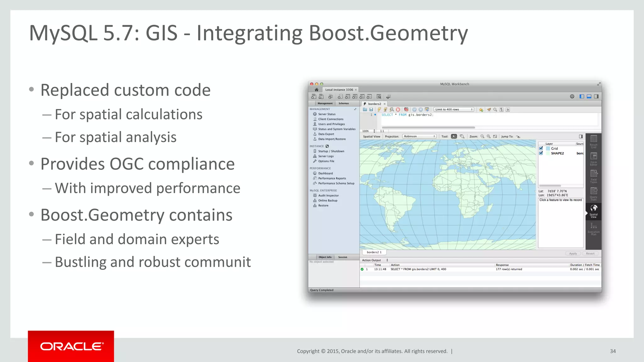 Copyright © 2015, Oracle and/or its affiliates. All rights reserved. |
• Replaced custom code
– For spatial calculations
– For spatial analysis
• Provides OGC compliance
– With improved performance
• Boost.Geometry contains
– Field and domain experts
– Bustling and robust communit
MySQL 5.7: GIS - Integrating Boost.Geometry
34
 