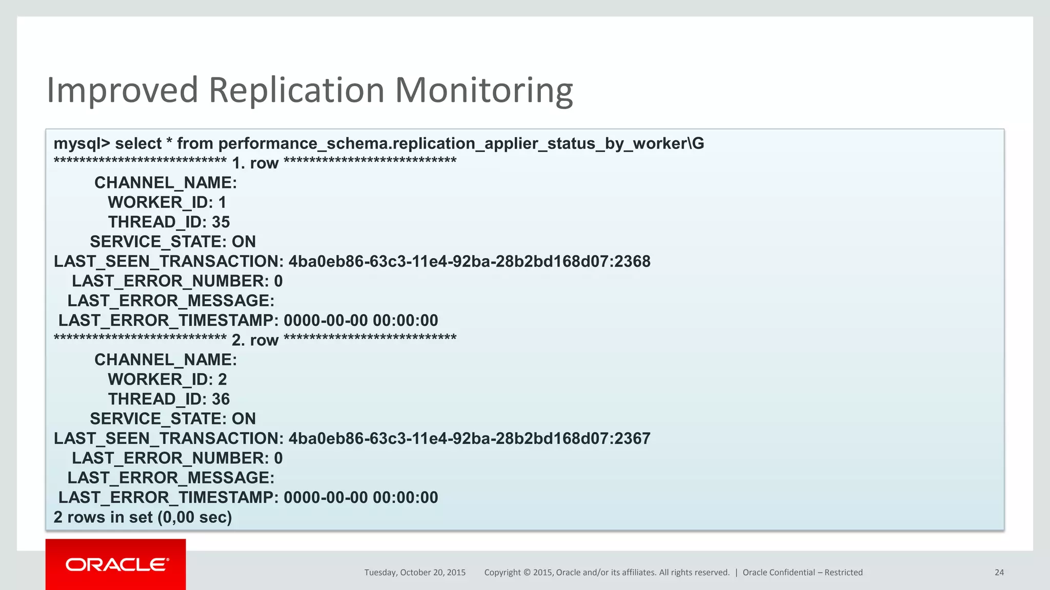 Copyright © 2015, Oracle and/or its affiliates. All rights reserved. |
Improved Replication Monitoring
Tuesday, October 20, 2015
mysql> select * from performance_schema.replication_applier_status_by_workerG
*************************** 1. row ***************************
CHANNEL_NAME:
WORKER_ID: 1
THREAD_ID: 35
SERVICE_STATE: ON
LAST_SEEN_TRANSACTION: 4ba0eb86-63c3-11e4-92ba-28b2bd168d07:2368
LAST_ERROR_NUMBER: 0
LAST_ERROR_MESSAGE:
LAST_ERROR_TIMESTAMP: 0000-00-00 00:00:00
*************************** 2. row ***************************
CHANNEL_NAME:
WORKER_ID: 2
THREAD_ID: 36
SERVICE_STATE: ON
LAST_SEEN_TRANSACTION: 4ba0eb86-63c3-11e4-92ba-28b2bd168d07:2367
LAST_ERROR_NUMBER: 0
LAST_ERROR_MESSAGE:
LAST_ERROR_TIMESTAMP: 0000-00-00 00:00:00
2 rows in set (0,00 sec)
Oracle Confidential – Restricted 24
 