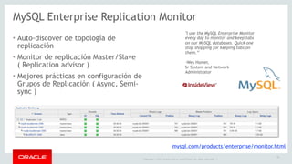 MySQL Enterprise Replication Monitor 
Copyright © 2014 Oracle and/or its affiliates. All rights reserved. | 
22 
• Auto-discover de topología de 
replicación 
• Monitor de replicación Master/Slave 
( Replication advisor ) 
• Mejores prácticas en configuración de 
Grupos de Replicación ( Async, Semi-sync 
) 
"I use the MySQL Enterprise Monitor 
every day to monitor and keep tabs 
on our MySQL databases. Quick one 
stop shopping for keeping tabs on 
them.” 
-Wes Homer, 
Sr System and Network 
Administrator 
mysql.com/products/enterprise/monitor.html 
 