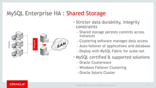 MySQL Enterprise HA : Shared Storage 
Copyright © 2014 Oracle and/or its affiliates. All rights reserved. | 
32 
• Stricter data durability, integrity 
constraints 
– Shared storage persists commits across 
instances 
– Clustering software manages data access 
– Auto-failover of applications and database 
– Deploy with MySQL Fabric for scale-out 
• MySQL certified & supported solutions 
– Oracle Clusterware 
– Windows Failover Clustering 
– Oracle Solaris Cluster 
Virtual IP 
Clients 
 