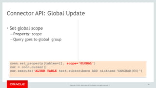 Connector API: Global Update 
Copyright © 2014, Oracle and/or its affiliates. All rights reserved. | 
• Set global scope 
– Property: scope 
– Query goes to global group 
conn.set_property(tables=[], scope='GLOBAL') 
cur = conn.cursor() 
cur.execute("ALTER TABLE test.subscribers ADD nickname VARCHAR(64)") 
54 
 