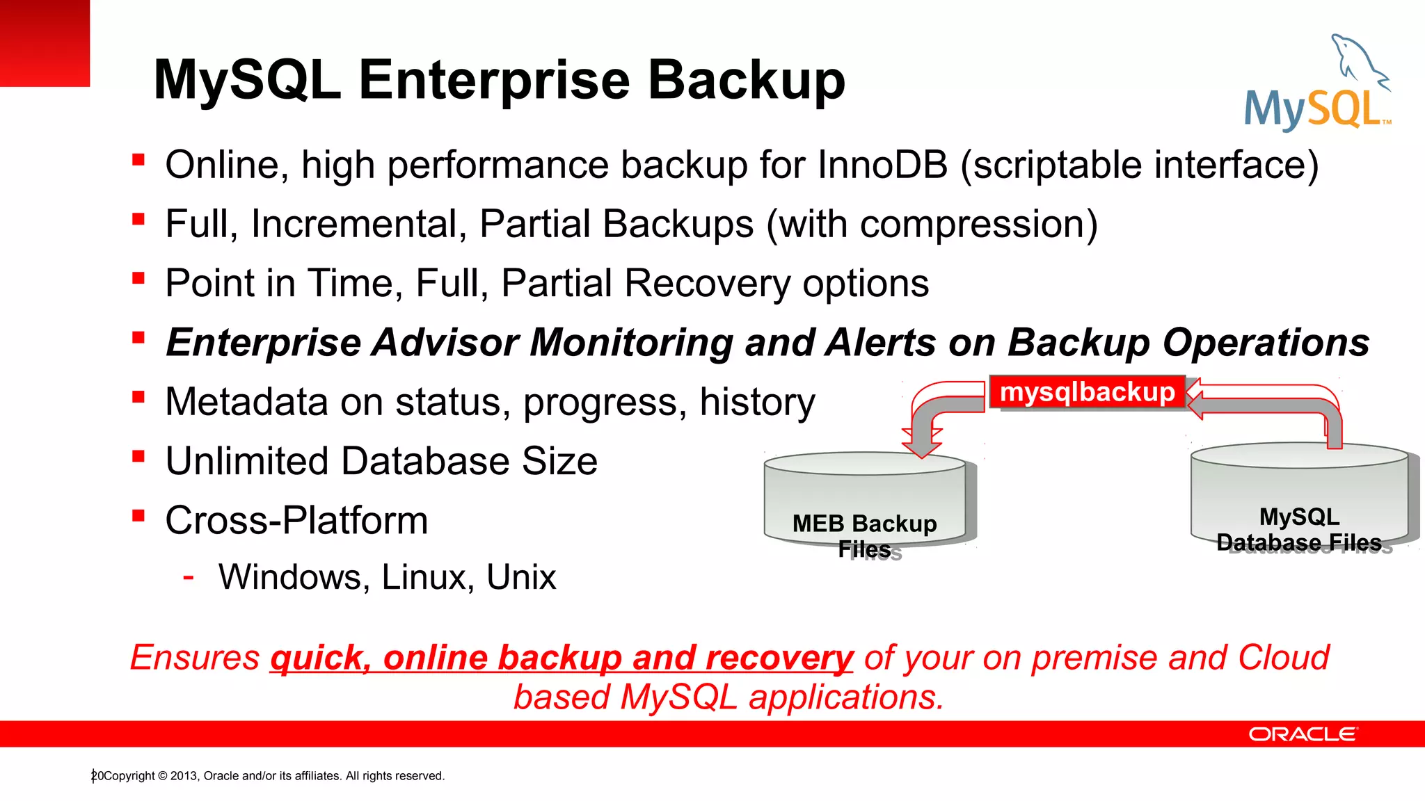 MySQL Enterprise Backup








Online, high performance backup for InnoDB (scriptable interface)
Full, Incremental, Partial Backups (with compression)
Point in Time, Full, Partial Recovery options
Enterprise Advisor Monitoring and Alerts on Backup Operations
mysqlbackup
mysqlbackup
Metadata on status, progress, history
Unlimited Database Size
MySQL
MySQL
MEB Backup
Cross-Platform
MEB Backup
Database Files
- Windows, Linux, Unix

Files
Files

Database Files

Ensures quick, online backup and recovery of your on premise and Cloud
based MySQL applications.
20Copyright © 2013, Oracle and/or its affiliates. All rights reserved.

 