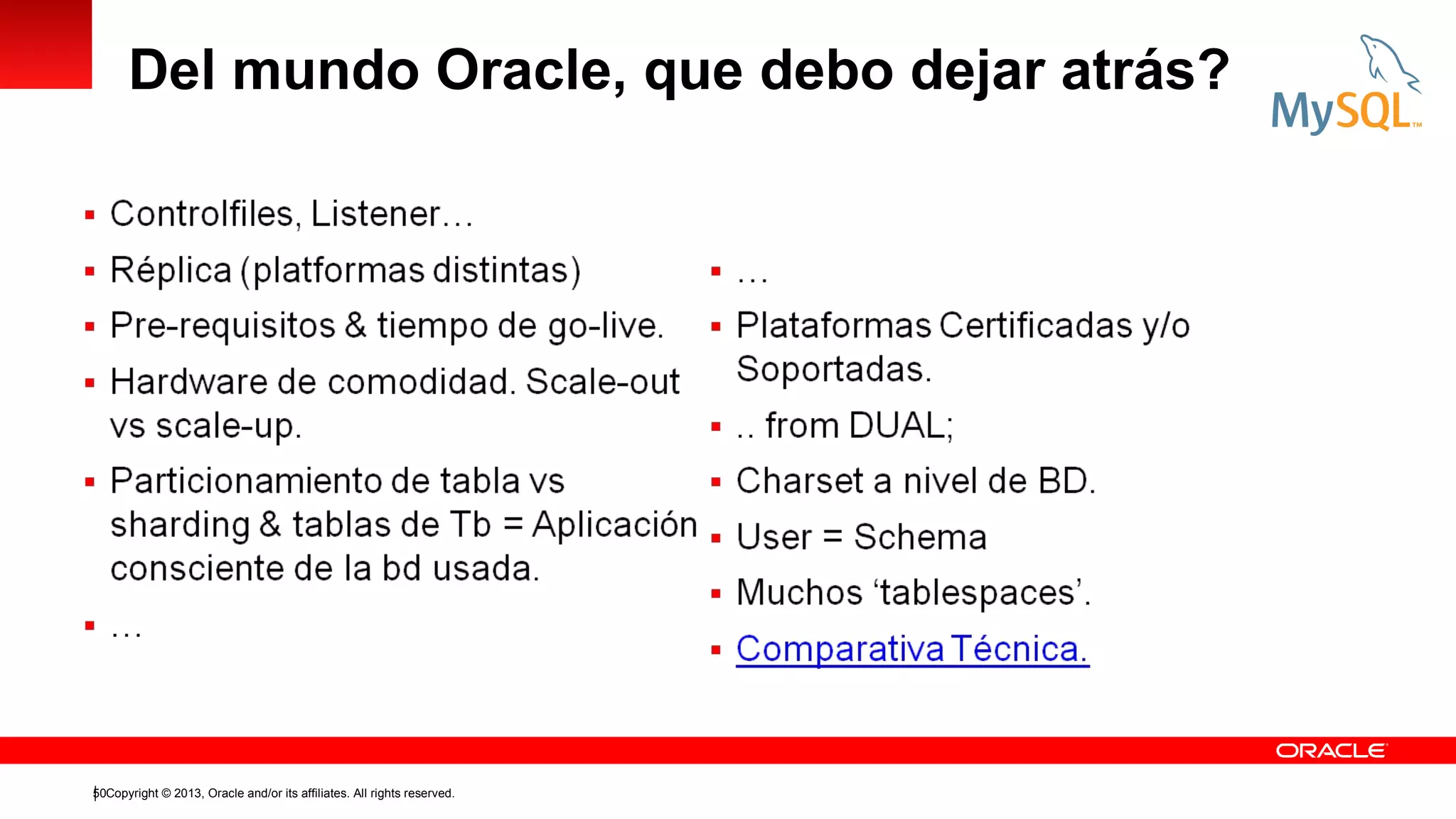 Del mundo Oracle, que debo dejar atrás?

50Copyright © 2013, Oracle and/or its affiliates. All rights reserved.

 