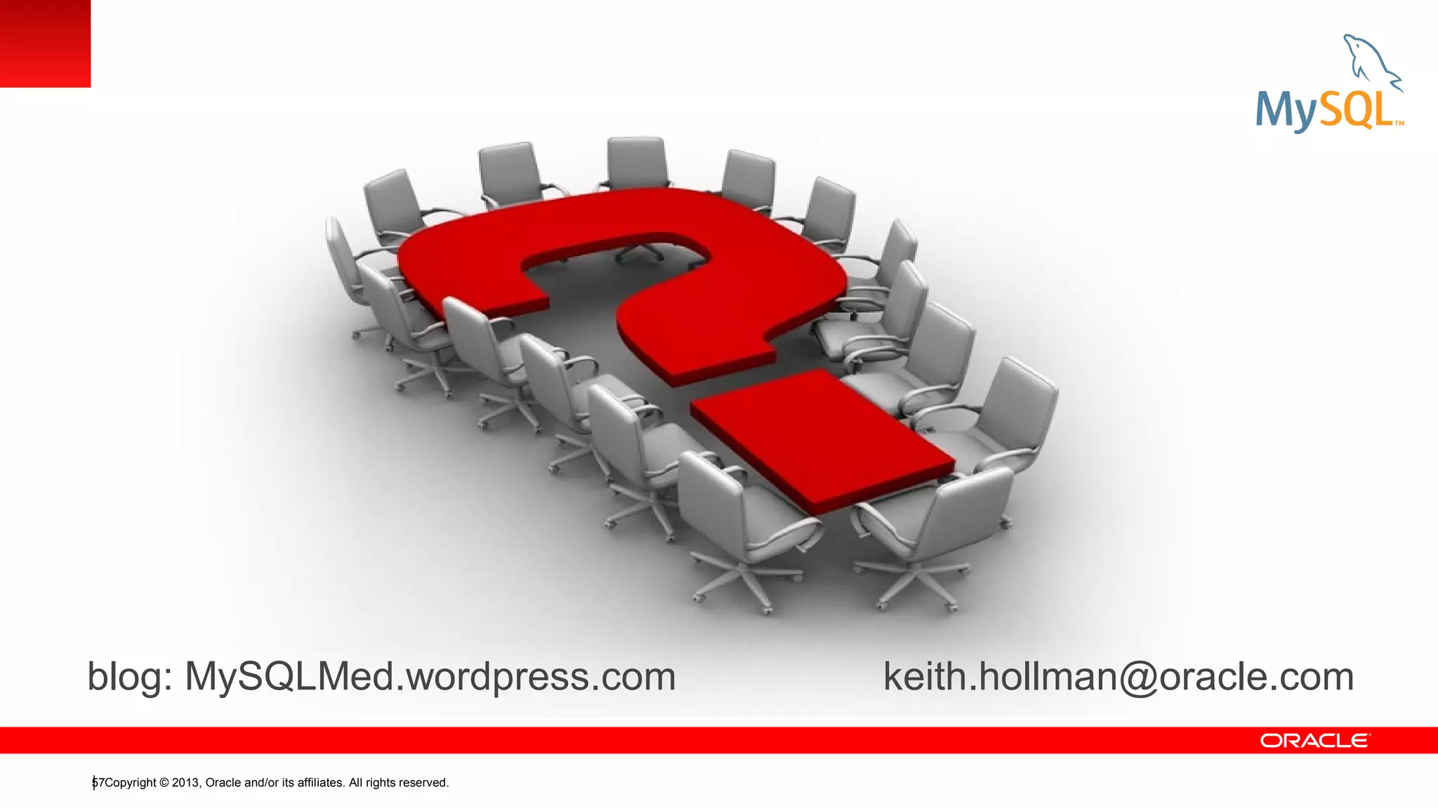 blog: MySQLMed.wordpress.com
57Copyright © 2013, Oracle and/or its affiliates. All rights reserved.

keith.hollman@oracle.com

 