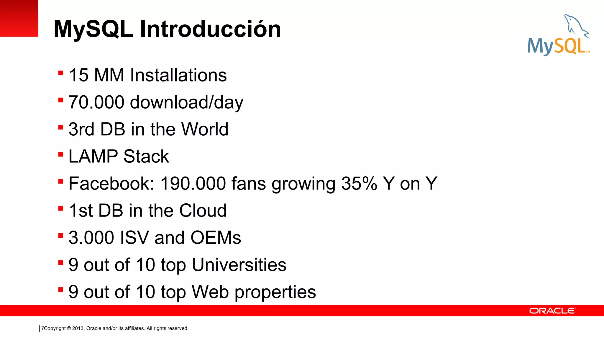 MySQL Introducción
 15 MM Installations
 70.000 download/day
 3rd DB in the World
 LAMP Stack
 Facebook: 190.000 fans growing 35% Y on Y
 1st DB in the Cloud
 3.000 ISV and OEMs
 9 out of 10 top Universities
 9 out of 10 top Web properties
7Copyright © 2013, Oracle and/or its affiliates. All rights reserved.

 
