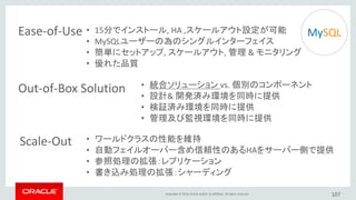 Copyright © 2016, Oracle and/or its affiliates. All rights reserved.
MySQL InnoDB Cluster: Architecture – Step 1
M
M M
MySQL Connector
Application
MySQL Router
MySQL Connector
Application
MySQL Router
MySQL Shell
HA
Group Replication
107
 