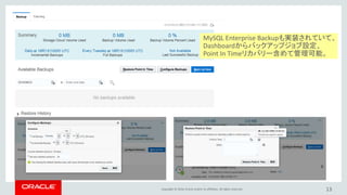 Copyright © 2016, Oracle and/or its affiliates. All rights reserved. 13
MySQL Enterprise Monitorも利用可能
MySQLの設定、パフォーマンス、クエリー等
を一元管理する事が可能です。
 