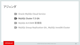 Copyright © 2016, Oracle and/or its affiliates. All rights reserved.
MySQL Clusterとは？
• MySQLとは開発ツリーの異なる別製品
• 共有ディスクを使わずに、アクティブ-アクティブのクラスタ構成が組める
インメモリデータベース (一部のデータはディスクに格納することも可能)
• 元々はSQLを使わないデータベースだったが、MySQLと統合されSQLも
使えるようになった(NoSQL(KVS)とSQLの両方が使えるデータベース)
– MySQL Clusterの基礎となる技術は、通信機器ベンダのエリクソンで携帯通信網の
加入者データベース向けに開発されたEricsson Network DataBase（NDB）と呼ばれ
ていた技術
20
 