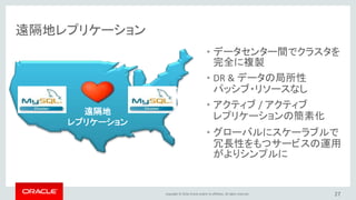 Copyright © 2016, Oracle and/or its affiliates. All rights reserved. 27
MySQL Serverも組み合わせた複合型の構成
同期型
レプリケーション
Cluster 1 Cluster 2
InnoDB InnoDB InnoDB
非同期型
レプリケーション
• クラスタのノードグループ間では同期型
レプリケーションで、冗長性を確保
• 地理的に離れたクラスタ間で、双方向
の非同期型レプリケーションを行い、
地理的冗長性を確保
• (MySQL Clusterではない)通常のMySQL
サーバへ非同期型のレプリケーション
を行い、レポート生成や課金処理など
のアプリケーションを実行
• NoSQL経由の処理もレプリケーション
可能
 