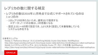 Copyright © 2016, Oracle and/or its affiliates. All rights reserved.
MySQL Clusterの拡張性
• アプリケーション・ノード、データノード共に、台数を増やして負荷分散
出来る
• データは自動的にシャーディングされため、書込み処理に対しても
拡張性が出せる
– 書込み処理が1台のサーバーに集中しない
33
 