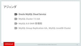 Copyright © 2016, Oracle and/or its affiliates. All rights reserved.
アジェンダ
4
Oracle MySQL Cloud Service
MySQL Cluster 7.5 GA
MySQL 8.0 DMR 新機能
MySQL Group Replication GA、MySQL InnoDB Cluster
1
2
3
4
 