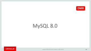 Copyright © 2016, Oracle and/or its affiliates. All rights reserved.
MySQL 5.7 – 全面的な改良
• Replication
• InnoDB
• Optimizer
• Security
• Performance Schema
• GIS
• Triggers
• Partitioning
• New! SYS Schema
• New! JSON
• Performance
44
 
