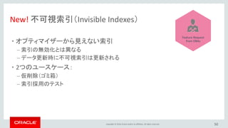 Copyright © 2016, Oracle and/or its affiliates. All rights reserved. 50
使用例
ユースケース1：索引の仮削除（ゴミ箱）
• 索引の仮削除
ALTER TABLE Country ALTER INDEX c INVISIBLE;
• 索引の復旧
ALTER TABLE Country ALTER INDEX c VISIBLE;
• 索引の削除
ALTER TABLE Country DROP INDEX c;
 
