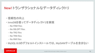 Copyright © 2016, Oracle and/or its affiliates. All rights reserved. 70
Additional Benefits
トランザクショナルなデータディレクトリ
• クロスプラットフォームでの相互運用性を向上
– ファイルシステムに依存しない
• アトミックなDDL
– レプリケーションの向上
– クラッシュセーフでない特殊なケースを排除
• MDL for Foreign Keys
• 柔軟なメタデータAPI
– 新機能の追加を容易に
 