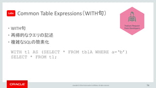 Copyright © 2016, Oracle and/or its affiliates. All rights reserved. 74
再帰的CTE（Recursive CTE）
• 再帰的CTEはサブクエリーでCTE自身を参照する
• “seed”のSELECTが1回実行され、初期のデータセットが作成される。
その後、完全な結果セットが得られるまで”recursive”のSELECTが繰
り返し実行される
• 階層構造の参照に便利（親、子、部分、下位部品）
• Oracle DatabaseのCONNECT BY句に近い機能
WITH RECURSIVE cte AS
( SELECT ... FROM table_name /* "seed" SELECT */
UNION ALL
SELECT ... FROM cte, table_name) /* "recursive" SELECT */
SELECT ... FROM cte;/
 