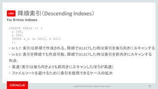 Copyright © 2016, Oracle and/or its affiliates. All rights reserved.
• New! Doxygenを使ったソースコードのド
キュメント化
• New! プラグイン・インターフェース
• GIS Supportの拡張
• Query Hints Supportの拡張
• Scan Query Performanceの向上
• BLOB Storageの改善
• Memcached Interfaceの改善
• オプティマイザの改善
• コストモデルの改善
• スケーラビリティの向上
• パーサーのリファクタリング
• 一時テーブルの改善
• C++11とツールチェーンの向上
• レプリケーション・アプライヤー・スレッドの
進捗レポート
• gtid_executedに値が入っていても、
GTID_PURGEDを設定可能
77
他にも多くの点を改良
 