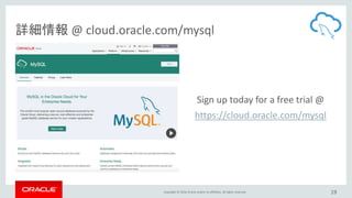 Copyright © 2016, Oracle and/or its affiliates. All rights reserved.
アジェンダ
19
Oracle MySQL Cloud Service
MySQL Cluster 7.5...