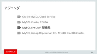 Copyright © 2016, Oracle and/or its affiliates. All rights reserved.
MySQL 8.0
43
DMR
 