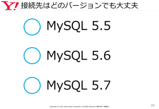 接続先はどのバージョンでも大丈夫
Copyright (C) 2015 Yahoo Japan Corporation. All Rights Reserved. 無断引用・転載禁止
24
MySQL 5.5
MySQL 5.6
MySQL 5...