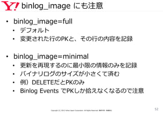 binlog_image にも注意
• binlog_image=full
• デフォルト
• 変更された行のPKと、その行の内容を記録
• binlog_image=minimal
• 更新を再現するのに最小限の情報のみを記録
• バイナリロ...