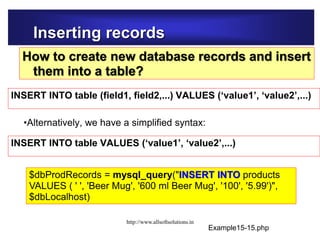 Inserting records
How to create new database records and insert
them into a table?
INSERT INTO table (field1, field2,...) VALUES (‘value1’, ‘value2’,...)
Example15-15.php
INSERT INTO table VALUES (‘value1’, ‘value2’,...)
•Alternatively, we have a simplified syntax:
$dbProdRecords = mysql_query("INSERT INTO products
VALUES ( ' ', 'Beer Mug', '600 ml Beer Mug', '100', '5.99')",
$dbLocalhost)
http://www.allsoftsolutions.in
 