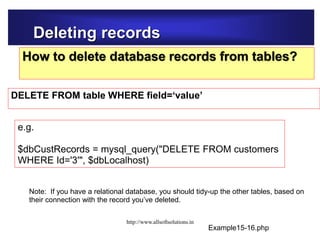Deleting records
How to delete database records from tables?
DELETE FROM table WHERE field=‘value’
Example15-16.php
e.g.
$dbCustRecords = mysql_query("DELETE FROM customers
WHERE Id='3'", $dbLocalhost)
Note: If you have a relational database, you should tidy-up the other tables, based on
their connection with the record you’ve deleted.
http://www.allsoftsolutions.in
 