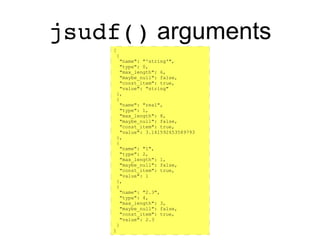 https://github.com/rpbouman/mysqlv8udfs
jsudf() global arguments
mysql> SELECT jsudf('
-> function udf(){
-> //this.arguments describes the
-> //arguments passed to jsudf
->
-> return JSON.stringify(
-> this.arguments,
-> null, " "
-> );
-> }
-> ', 'string', PI() AS "real", 1, 2.3)
 