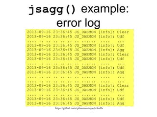 https://github.com/rpbouman/mysqlv8udfs
The jsagg() UDF
init()
deinit()
More rows?
No
Yes
clear()
agg()
udf()
More groups?
Yes
No
 