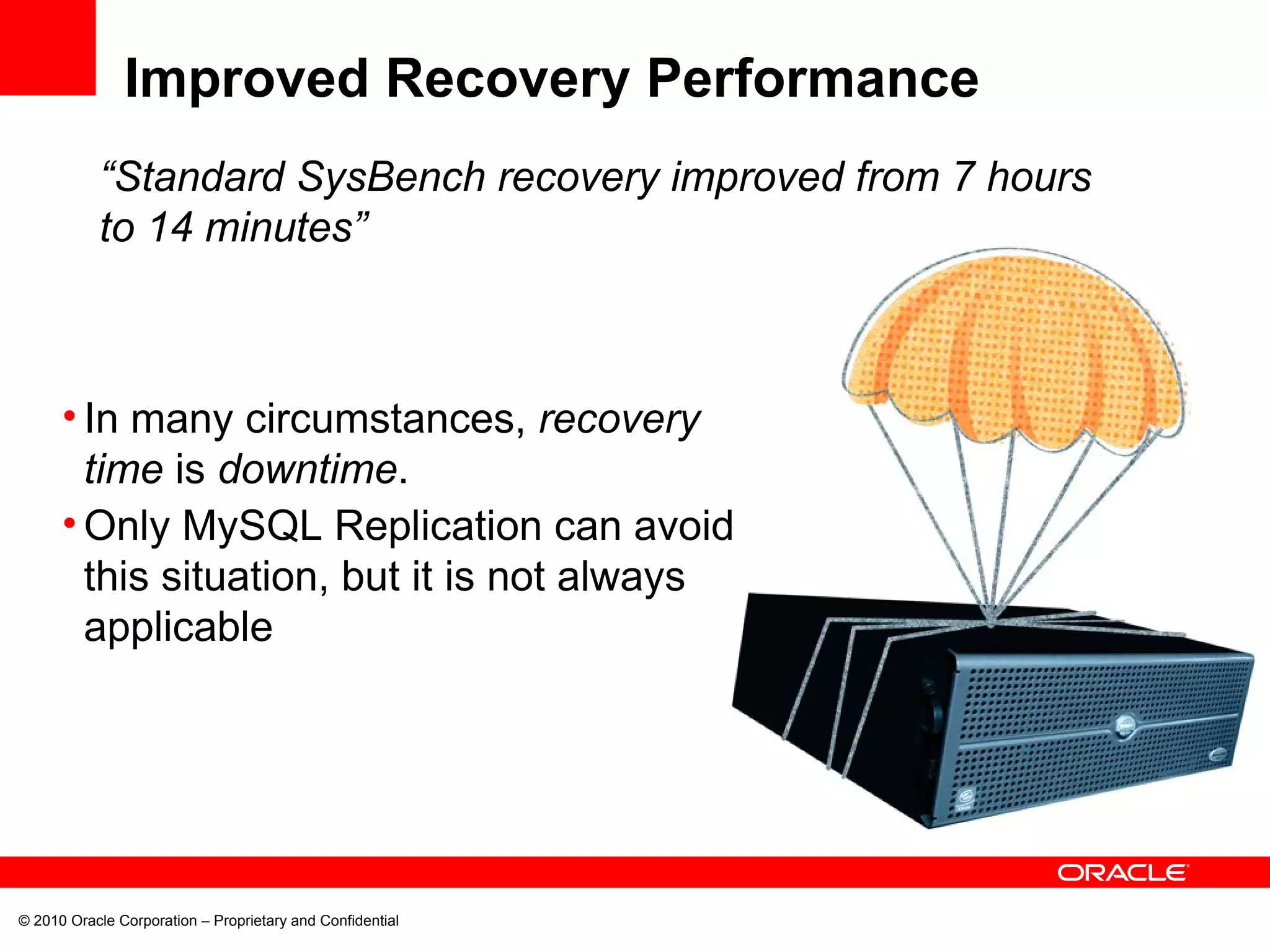 © 2010 Oracle Corporation – Proprietary and Confidential Improved Recovery Performance “ Standard SysBench recovery improved from 7 hours to 14 minutes” In many circumstances,  recovery time  is  downtime . Only MySQL Replication can avoid this situation, but it is not always applicable 