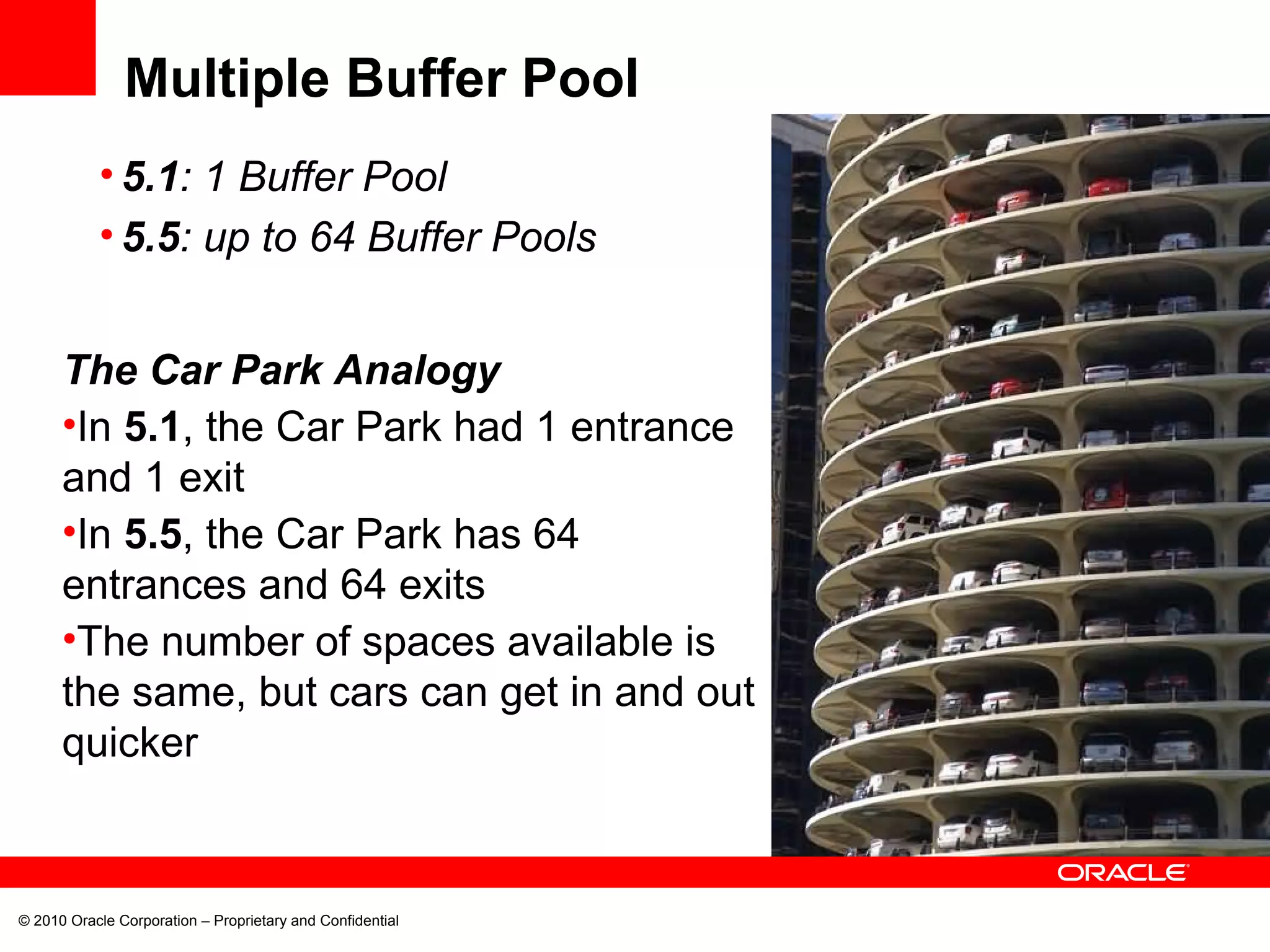 © 2010 Oracle Corporation – Proprietary and Confidential Multiple Buffer Pool 5.1 : 1 Buffer Pool 5.5 : up to 64 Buffer Pools The Car Park Analogy In  5.1 , the Car Park had 1 entrance and 1 exit In  5.5 , the Car Park has 64 entrances and 64 exits The number of spaces available is the same, but cars can get in and out quicker 
