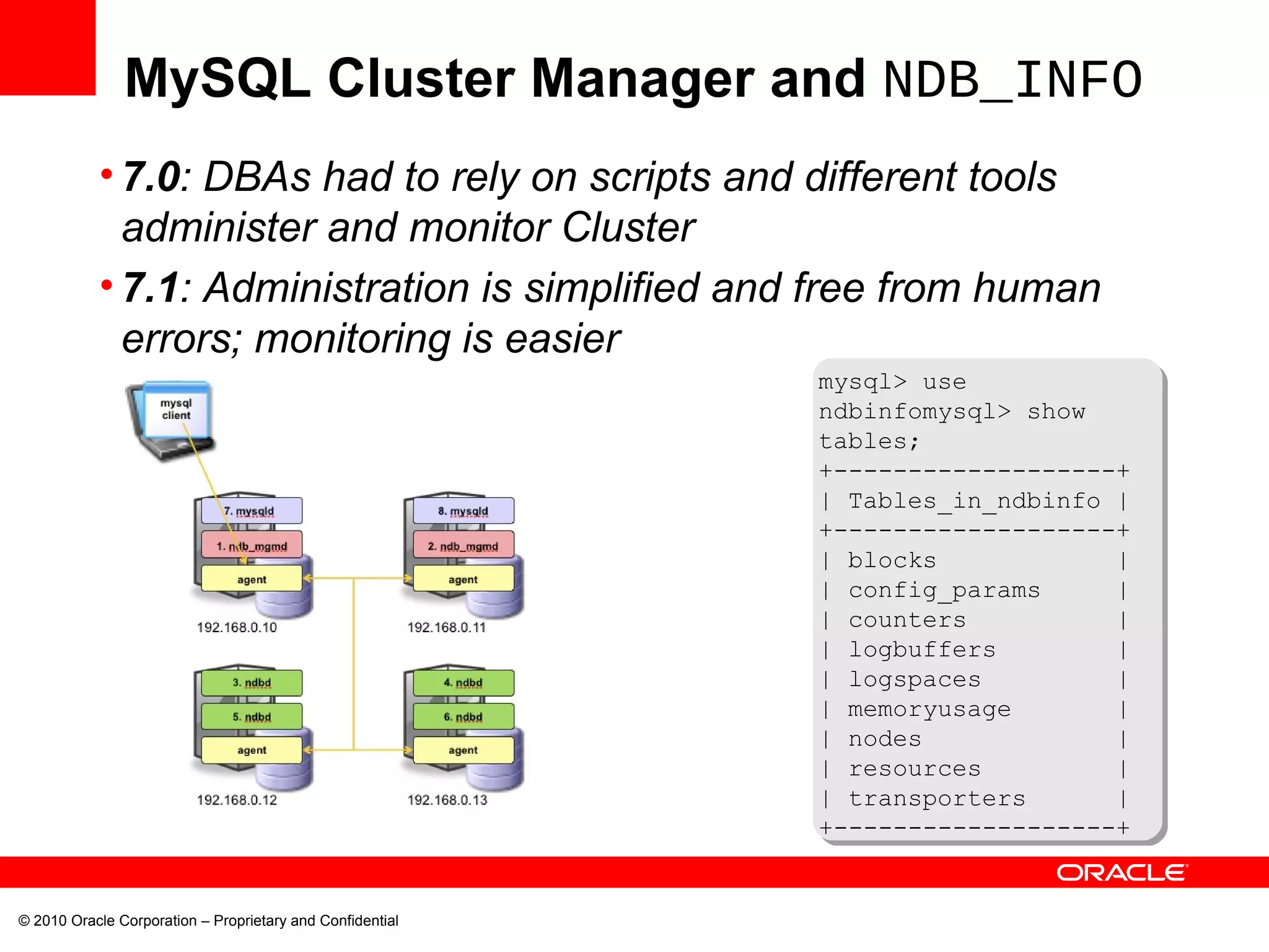 © 2010 Oracle Corporation – Proprietary and Confidential MySQL Cluster Manager and  NDB_INFO 7.0 : DBAs had to rely on scripts and different tools administer and monitor Cluster 7.1 : Administration is simplified and free from human errors; monitoring is easier mysql> use ndbinfomysql> show tables;+-------------------+ | Tables_in_ndbinfo | +-------------------+ | blocks  | | config_params  | | counters  | | logbuffers  | | logspaces  | | memoryusage  | | nodes  | | resources  | | transporters  | +-------------------+ 