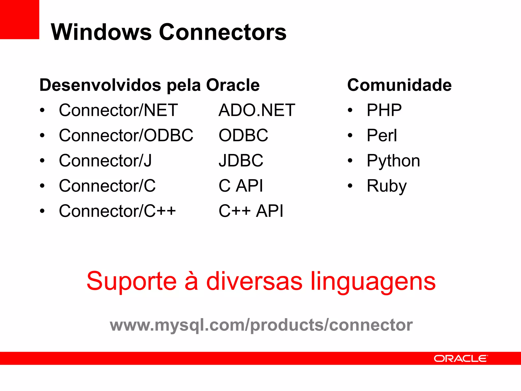 Windows Connectors

Desenvolvidos pela Oracle       Comunidade
• Connector/NET     ADO.NET     • PHP
• Connector/ODBC ODBC           • Perl
• Connector/J       JDBC        • Python
• Connector/C       C API       • Ruby
• Connector/C++     C++ API



    Suporte à diversas linguagens
       www.mysql.com/products/connector
 