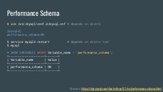 $ vim /etc/mysql/conf.d/mysql.cnf # depends on distro
[mysqld]
performance_schema=ON
$ service mysqld restart # depends on distro too!
$ mysql
> SHOW VARIABLES WHERE Variable_name = 'performance_schema';
+--------------------+-------+
| Variable_name | Value |
+--------------------+-------+
| performance_schema | ON |
+--------------------+-------+
Performance Schema
Resource: https://dev.mysql.com/doc/refman/5.7/en/performance-schema.html
 