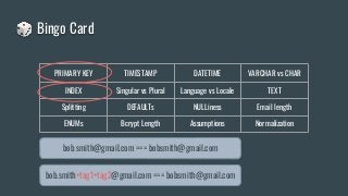 PRIMARY KEY TIMESTAMP DATETIME VARCHAR vs CHAR
INDEX Singular vs Plural Language vs Locale TEXT
Splitting DEFAULTs NULLiness Email length
ENUMs Bcrypt Length Assumptions Normalization
🎲 Bingo Card
bob.smith+tag1+tag2@gmail.com === bobsmith@gmail.com
bob.smith@gmail.com === bobsmith@gmail.com
 