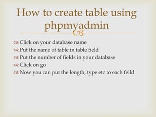 How to create table using
phpmyadmin



 Click on your database name
 Put the name of table in table field
 Put the number of fields in your database
 Click on go
 Now you can put the length, type etc to each feild

 