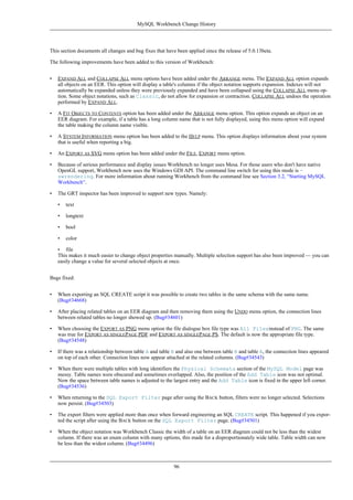 This section documents all changes and bug fixes that have been applied since the release of 5.0.13beta.
The following improvements have been added to this version of Workbench:
• EXPAND ALL and COLLAPSE ALL menu options have been added under the ARRANGE menu. The EXPAND ALL option expands
all objects on an EER. This option will display a table's columns if the object notation supports expansion. Indexes will not
automatically be expanded unless they were previously expanded and have been collapsed using the COLLAPSE ALL menu op-
tion. Some object notations, such as Classic, do not allow for expansion or contraction. COLLAPSE ALL undoes the operation
performed by EXPAND ALL.
• A FIT OBJECTS TO CONTENTS option has been added under the ARRANGE menu option. This option expands an object on an
EER diagram. For example, if a table has a long column name that is not fully displayed, using this menu option will expand
the table making the column name visible.
• A SYSTEM INFORMATION menu option has been added to the HELP menu. This option displays information about your system
that is useful when reporting a big.
• An EXPORT AS SVG menu option has been added under the FILE, EXPORT menu option.
• Because of serious performance and display issues Workbench no longer uses Mesa. For those users who don't have native
OpenGL support, Workbench now uses the Windows GDI API. The command line switch for using this mode is -
swrendering. For more information about running Workbench from the command line see Section 3.2, “Starting MySQL
Workbench”.
• The GRT inspector has been improved to support new types. Namely:
• text
• longtext
• bool
• color
• file
This makes it much easier to change object properties manually. Multiple selection support has also been improved — you can
easily change a value for several selected objects at once.
Bugs fixed:
• When exporting an SQL CREATE script it was possible to create two tables in the same schema with the same name.
(Bug#34668)
• After placing related tables on an EER diagram and then removing them using the UNDO menu option, the connection lines
between related tables no longer showed up. (Bug#34601)
• When choosing the EXPORT AS PNG menu option the file dialogue box file type was All Filesinstead of PNG. The same
was true for EXPORT AS SINGLEPAGE PDF and EXPORT AS SINGLEPAGE PS. The default is now the appropriate file type.
(Bug#34548)
• If there was a relationship between table A and table B and also one between table B and table A, the connection lines appeared
on top of each other. Connection lines now appear attached at the related columns. (Bug#34543)
• When there were multiple tables with long identifiers the Physical Schemata section of the MySQL Model page was
messy. Table names were obscured and sometimes overlapped. Also, the position of the Add Table icon was not optimal.
Now the space between table names is adjusted to the largest entry and the Add Table icon is fixed in the upper left corner.
(Bug#34536)
• When returning to the SQL Export Filter page after using the BACK button, filters were no longer selected. Selections
now persist. (Bug#34503)
• The export filters were applied more than once when forward engineering an SQL CREATE script. This happened if you expor-
ted the script after using the BACK button on the SQL Export Filter page. (Bug#34501)
• When the object notation was Workbench Classic the width of a table on an EER diagram could not be less than the widest
column. If there was an enum column with many options, this made for a disproportionately wide table. Table width can now
be less than the widest column. (Bug#34496)
MySQL Workbench Change History
96
 