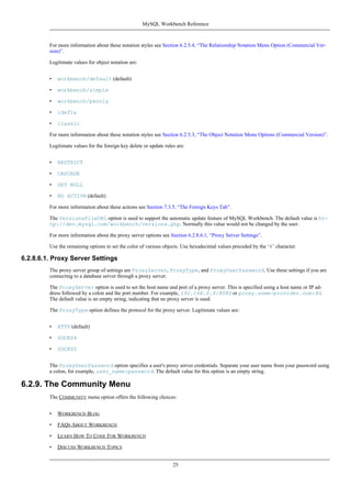 For more information about these notation styles see Section 6.2.5.4, “The Relationship Notation Menu Option (Commercial Ver-
sion)”.
Legitimate values for object notation are:
• workbench/default (default)
• workbench/simple
• workbench/pkonly
• idef1x
• classic
For more information about these notation styles see Section 6.2.5.3, “The Object Notation Menu Options (Commercial Version)”.
Legitimate values for the foreign key delete or update rules are:
• RESTRICT
• CASCADE
• SET NULL
• NO ACTION (default)
For more information about these actions see Section 7.3.5, “The Foreign Keys Tab”.
The VersionsFileURL option is used to support the automatic update feature of MySQL Workbench. The default value is ht-
tp://dev.mysql.com/workbench/versions.php. Normally this value would not be changed by the user.
For more information about the proxy server options see Section 6.2.8.6.1, “Proxy Server Settings”.
Use the remaining options to set the color of various objects. Use hexadecimal values preceded by the ‘#’ character.
6.2.8.6.1. Proxy Server Settings
The proxy server group of settings are ProxyServer, ProxyType, and ProxyUserPassword. Use these settings if you are
connecting to a database server through a proxy server.
The ProxyServer option is used to set the host name and port of a proxy server. This is specified using a host name or IP ad-
dress followed by a colon and the port number. For example, 192.168.0.9:8080 or proxy.some-provider.com:80.
The default value is an empty string, indicating that no proxy server is used.
The ProxyType option defines the protocol for the proxy server. Legitimate values are:
• HTTP (default)
• SOCKS4
• SOCKS5
The ProxyUserPassword option specifies a user's proxy server credentials. Separate your user name from your password using
a colon, for example, user_name:password. The default value for this option is an empty string.
6.2.9. The Community Menu
The COMMUNITY menu option offers the following choices:
• WORKBENCH BLOG
• FAQS ABOUT WORKBENCH
• LEARN HOW TO CODE FOR WORKBENCH
• DISCUSS WORKBENCH TOPICS
MySQL Workbench Reference
25
 