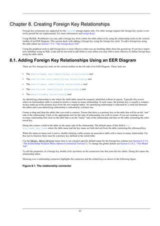 Chapter 8. Creating Foreign Key Relationships
Foreign key constraints are supported for the InnoDB storage engine only. For other storage engines the foreign key syntax is cor-
rectly parsed but not implemented. For more information seeForeign Keys.
Using MySQL Workbench you may add a foreign key from within the table editor or by using the relationship tools on the vertical
toolbar of an EER Diagram. This section deals with adding a foreign key using the foreign key tools. To add a foreign key using
the table editor see Section 7.3.5, “The Foreign Keys Tab”.
Using the graphical tools to add foreign keys is most effective when you are building tables from the ground up. If you have impor-
ted a database using an SQL script and do not need to add fields to your tables you may find it more effective to define foreign keys
using the table editor.
8.1. Adding Foreign Key Relationships Using an EER Diagram
There are five foreign key tools on the vertical toolbar on the left side of an EER Diagram. These tools are:
• The one-to-many non-identifying relationship tool
• The one-to-one non-identifying relationship tool
• The one-to-many identifying relationship tool
• The one-to-one identifying relationship tool
• The many-to-many relationship tool
An identifying relationship is one where the child table cannot be uniquely identified without its parent. Typically this occurs
where an intermediary table is created to resolve a many-to-many relationship. In such cases, the primary key is usually a compos-
ite key made up of the primary keys from the two original tables. An identifying relationship is indicated by a solid line between
the tables and a non-identifying relationship is indicated by a broken line.
Create or drag and drop the tables that you wish to connect. Ensure that there is a primary key in the table that will be on the “one”
side of the relationship. Click on the appropriate tool for the type of relationship you wish to create. If you are creating a one-
to-many relationship first click on the table that is on the “many” side of the relationship and then on the table containing the refer-
enced key.
Doing this creates a field in the table on the many side of the relationship. The default name of this field is ta-
ble_name_key_name where the table name and the key name are both derived from the table containing the referenced key.
When the many-to-many tool is active, double clicking a table creates an associative table with a many-to-many relationship. For
this tool to function there must be a primary key defined in the initial table.
Use the MODEL, MENU OPTIONS menu item to set a project-specific default name for the foreign key column (see Section 6.2.5.4,
“The Relationship Notation Menu Option (Commercial Version)”). To change the global default see Section 6.2.8.2, “The Model
Tab”.
To edit the properties of a foreign key double click anywhere on the connection line that joins the two tables. Doing this opens the
relationship editor.
Mousing over a relationship connector highlights the connector and the related keys as shown in the following figure.
Figure 8.1. The relationship connector
43
 
